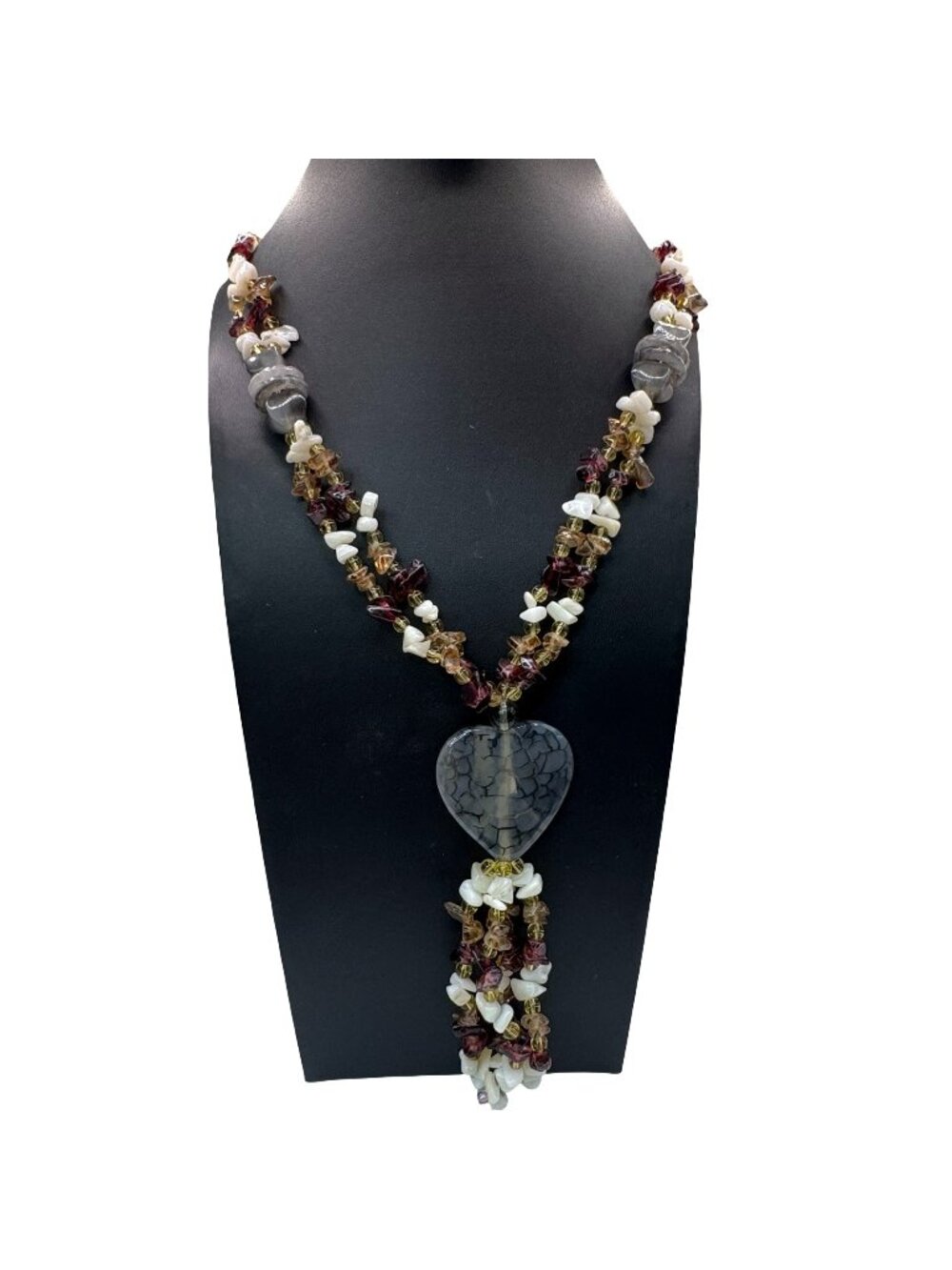 Vintage Amethyst Quartz Citrine Gemstone Beaded Necklace Crackle Heart Tassel 28